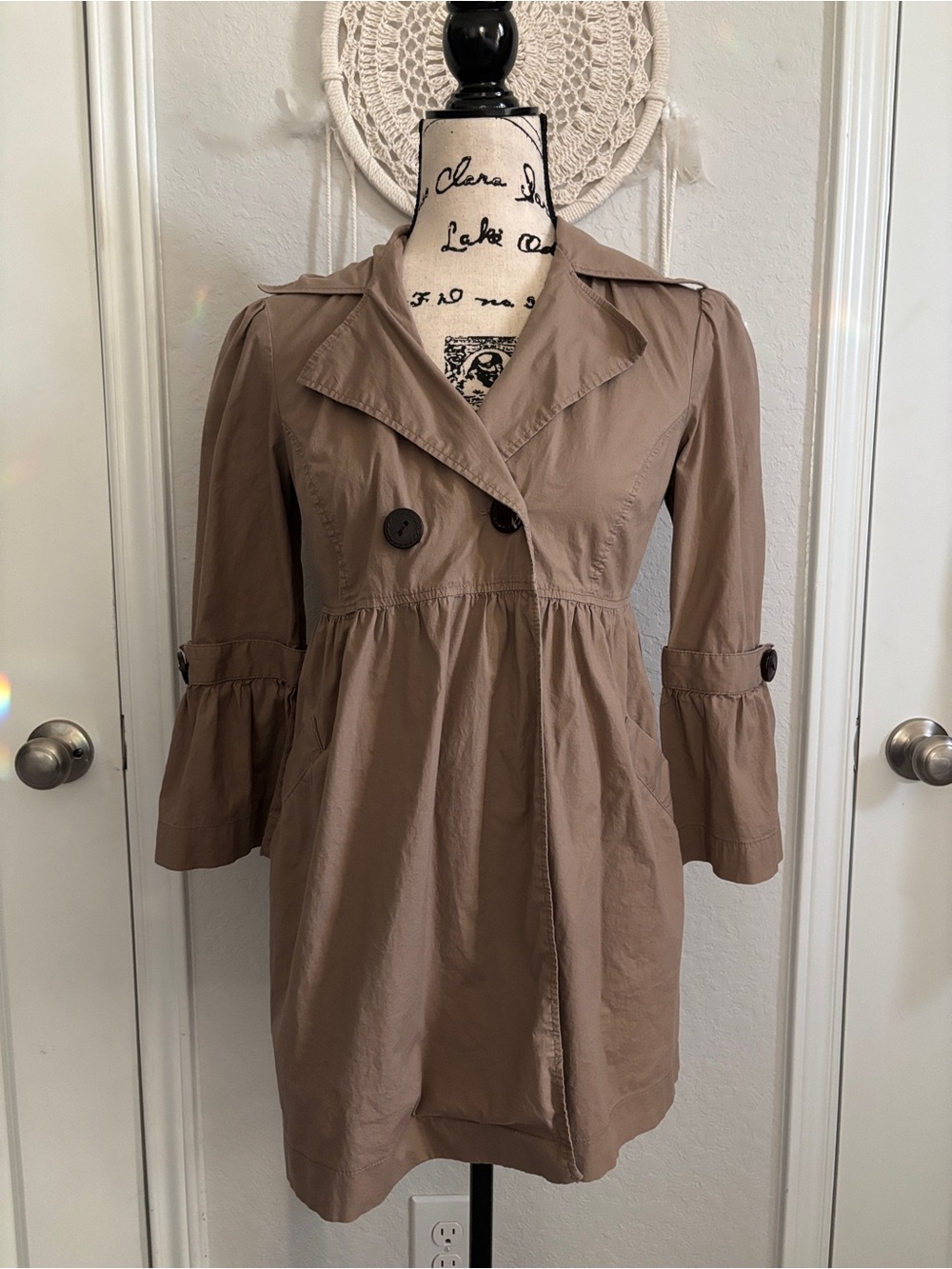 Jolt Taupe Trench Coat with Buttoned Waist and Ruffled Sleeves